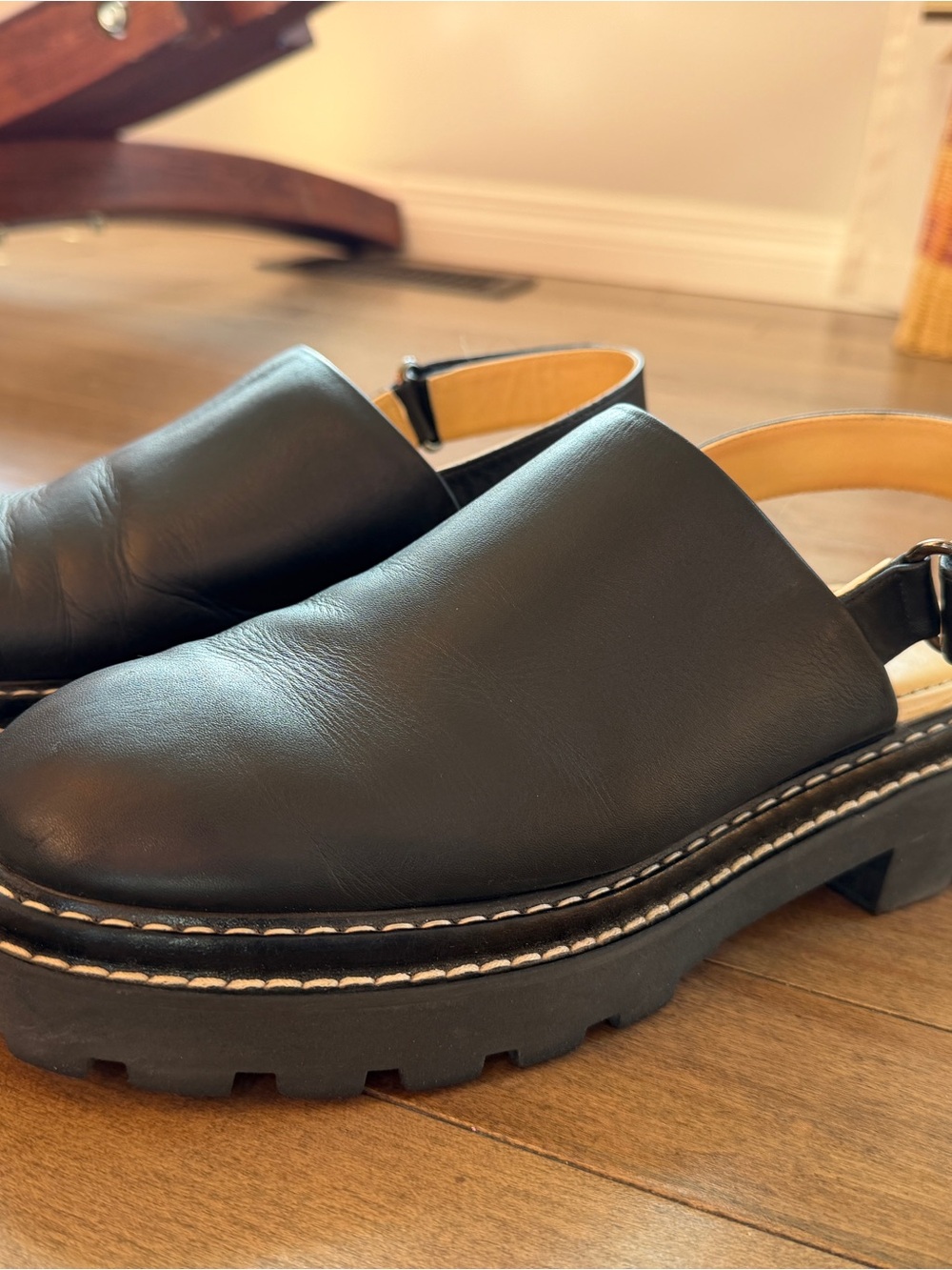 Poppy Barley Black Leather Slingback Clogs with Lug Sole